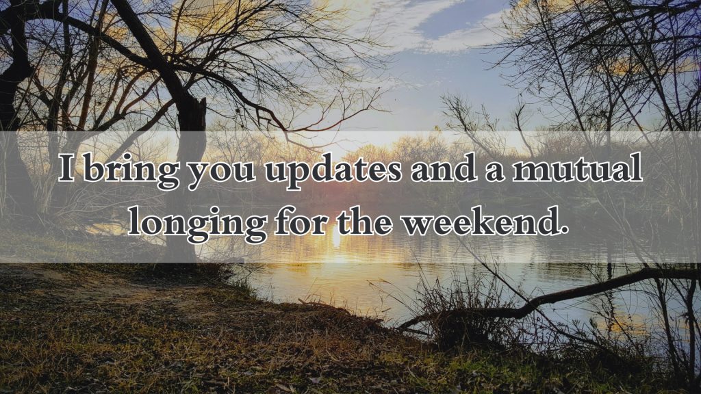 I bring you updates and a mutual longing for the weekend.